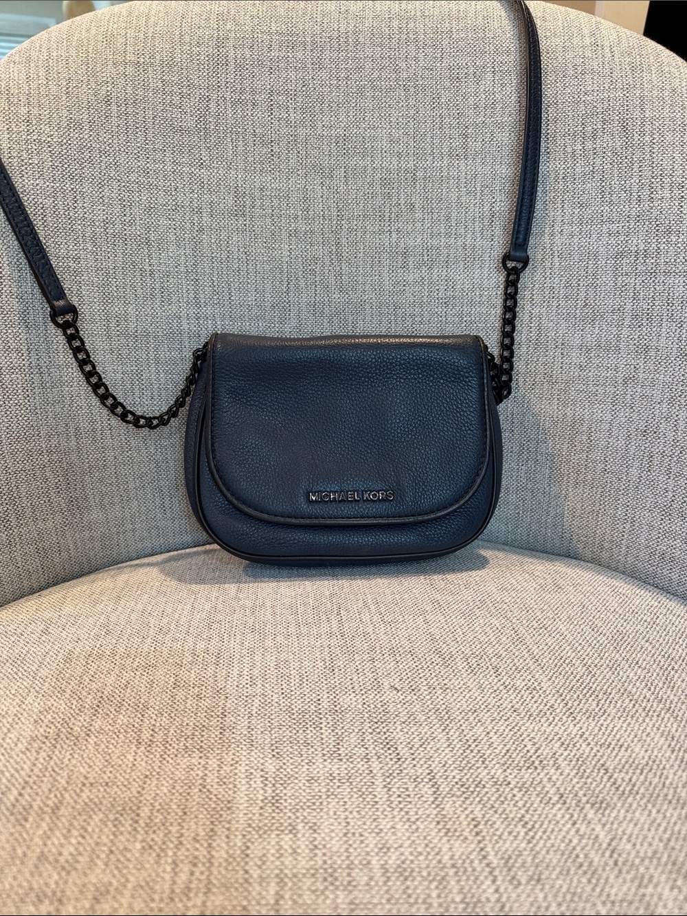 Michael Kors Black Pebbled Leather Saddle Crossbody with Chain Strap